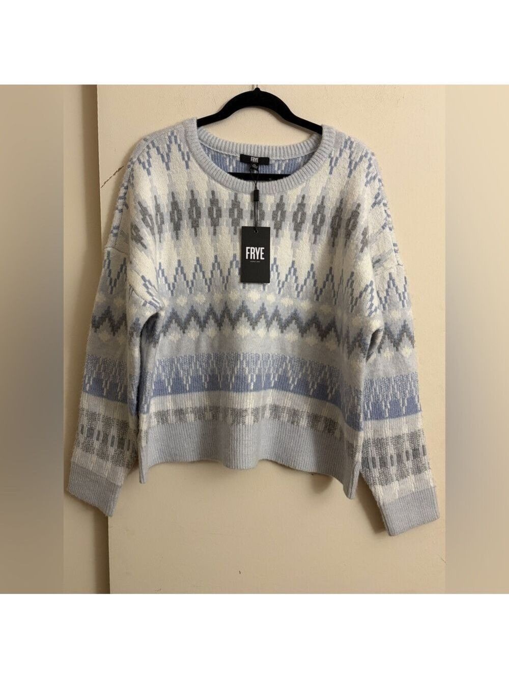 FRYE Chunky Blue Grey Fair Isle Aztec Southwestern Crewneck Sweater Size XL NWT